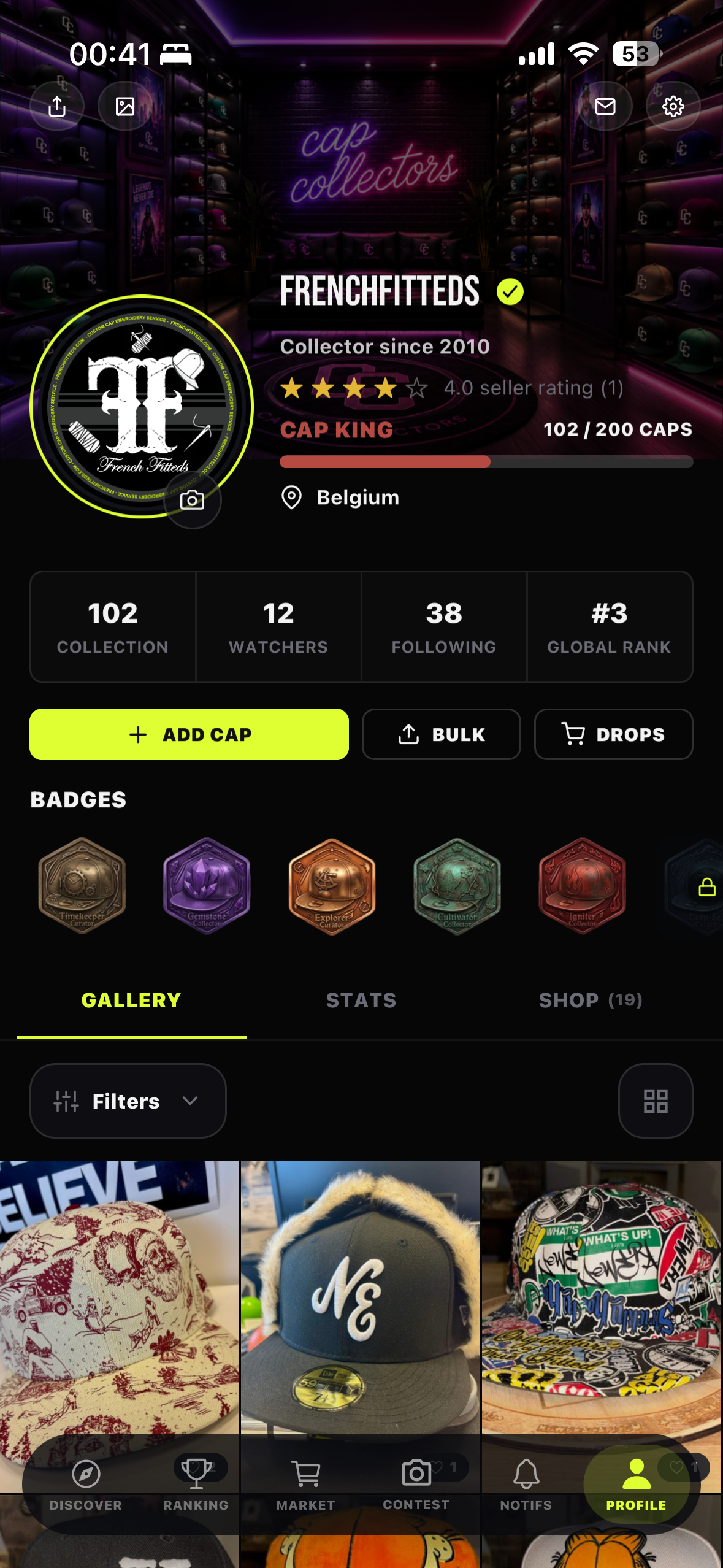 Cap Collectors profile screen